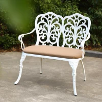 Patio Garden Bench with Floral Rose Design, Seat Cushion, Outdoor Park Bench with Cast Aluminum Frame, 34.5" L x 22.5" W x 34.5" H, White(m-5)