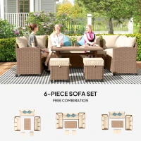 Outsunny 6 Piece Patio Furniture Set, PE Wicker Outdoor Furniture Conversation Set with 3 Sofas, 2 Ottomans and Slatted WPC Top Dining Table, All Weather Sectional Sofa Couch with Pillows, Khaki(m-7)