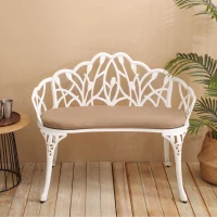 Patio Garden Bench with Floral Tulip Design, Cushion, Ergonomic Outdoor Park Bench with Cast Aluminum Frame, 39" L x 21.5" W x 31" H, White(m-4)