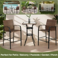 3-Piece Outdoor Bar Stools Set with Rattan Bar Chairs, Glass Table, Steel Frame, Perfect for Backyard, Garden, Pool, Balcony, Deck, Brown(m-4)