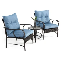3-Piece Patio Set with Rust-Proof Steel Frame, Weather-Resistant Outdoor Wicker Furniture Set with Rattan Chairs and Coffee Table, Brown+Blue(m-8)