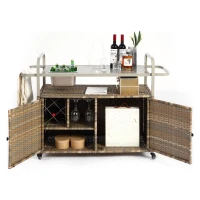 Outdoor Bar Table with Steel Top, Lockable Wheels, Side Basket, Wicker Bar Cart with Cabinet, Rounded Handle, 51.5" L x 19.5" W x 36" H, Beige(m-10)