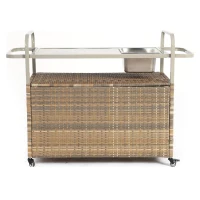 Outdoor Bar Table with Steel Top, Lockable Wheels, Side Basket, Wicker Bar Cart with Cabinet, Rounded Handle, 51.5" L x 19.5" W x 36" H, Beige(m-9)