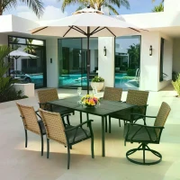 7-Piece Patio Dining Set with Swivel Rocker Chairs, Cushioned Seats, Steel Table Top with Umbrella Hole, Outdoor Wicker Furniture, Brown+Gray(m-5)