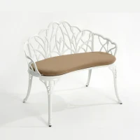 Patio Garden Bench with Floral Tulip Design, Cushion, Ergonomic Outdoor Park Bench with Cast Aluminum Frame, 39" L x 21.5" W x 31" H, White(m-2)