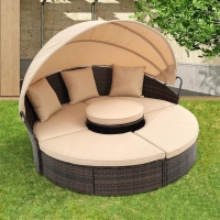Outdoor Wicker Sofa Bed with Retractable Canopy, All-Weather Rattan Daybed with Washable Cushions and Lift Coffee Table, 64" L x 64" W x 55" H, Beige+Black
