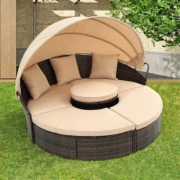 Outdoor Wicker Sofa Bed with Retractable Canopy, All-Weather Rattan Daybed with Washable Cushions and Lift Coffee Table, 64" L x 64" W x 55" H, Beige+Black(m-1)
