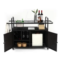Multifunctional Outdoor Bar Table with Lockable Wheels, Ice Bucket, Side Basket, Wicker Bar Cart with Cabinet, 51.5" L x 19.5" W x 36" H, Black(m-8)