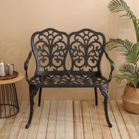 Patio Garden Bench with Floral Rose Design, Cast Aluminum Outdoor Furniture for Park, Lawn, Yard, 34.5" L x 22.5" W x 34.5" H, Black(m-4)