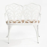 Patio Garden Bench with Floral Rose Design, Seat Cushion, Outdoor Park Bench with Cast Aluminum Frame, 34.5" L x 22.5" W x 34.5" H, White(m-9)