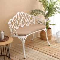 Patio Garden Bench with Floral Tulip Design, Cushion, Ergonomic Outdoor Park Bench with Cast Aluminum Frame, 39" L x 21.5" W x 31" H, White(m-5)