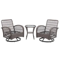 3-Piece Outdoor Swivel Rocker Patio Chairs Set with Tempered Glass Coffee Table, 360° Rocking Conversation Set with Thick Cushions, 29" L x 25" W x 34" H, Grey(m-14)