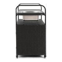 Multifunctional Outdoor Bar Table with Lockable Wheels, Ice Bucket, Side Basket, Wicker Bar Cart with Cabinet, 51.5" L x 19.5" W x 36" H, Black(m-12)