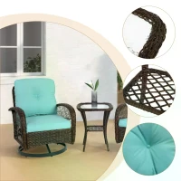 3-Piece Outdoor Swivel Rocker Patio Chairs Set with Thick Cushions, Glass Coffee Table, 360° Rocking Garden Furniture Set with Steel Frame, Blue(m-7)
