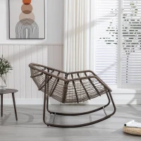 Oversized Outdoor Rattan Rocking Chair with Padded Cushion, Steel Frame, Ergonomic Hand-Woven Recliner, 44" L x 37" W x 31.5" H, Gray(m-7)