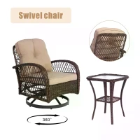 3-Piece Outdoor Swivel Rocker Patio Chairs Set with Thick Cushions, Glass Coffee Table, 360° Rocking Conversation Set with Steel Frame, Khaki(m-4)
