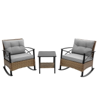 3-Piece Outdoor Rocking Rattan Chair Set with Steel Frame, Durable and Easy to Move, Includes Table, 29" L x 25.5" W x 31" H, Gray