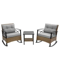 3-Piece Outdoor Rocking Rattan Chair Set with Steel Frame, Durable and Easy to Move, Includes Table, 29" L x 25.5" W x 31" H, Gray(m-2)