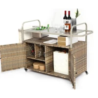 Outdoor Bar Table with Steel Top, Lockable Wheels, Side Basket, Wicker Bar Cart with Cabinet, Rounded Handle, 51.5" L x 19.5" W x 36" H, Beige(m-11)