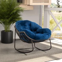Outdoor Rattan Rocking Chair with Padded Cushion, Oversized Recliner for Porch, Patio, Garden, Steel Frame, 44" L x 37" W x 31.5" H, Navy Blue(m-1)