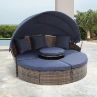 Round Outdoor Daybed with Retractable Canopy, Wicker Sofa Bed with Lift Coffee Table and Washable Cushions, 64" L x 64" W x 55" H, Navy Blue+Black(m-1)