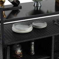 Outdoor Wicker Bar Cart with Glass Top and Wheels, Rolling Rattan Beverage Bar Counter Table for Porch, Backyard, Garden, Poolside Party, 51" L x 20" W x 35.5" H, Black(m-5)