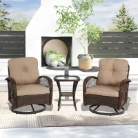 3-Piece Outdoor Swivel Rocker Patio Chairs Set with Thick Cushions, Glass Coffee Table, 360° Rocking Conversation Set with Steel Frame, Khaki(m-5)