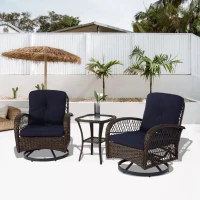 3-Piece Outdoor Swivel Rocker Patio Chairs Set with Cushions, Tempered Glass Table, 360° Rocking Conversation Set with Steel Frame, Navy Blue(m-5)