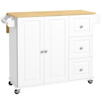 HOMCOM Kitchen Island with Drop Leaf, Rolling Kitchen Cart on Wheels with 3 Drawers, Cabinet, Natural Wood Top, Spice Rack and Towel Rack, White