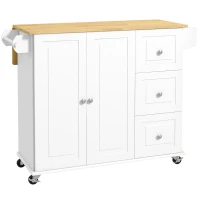 HOMCOM Kitchen Island with Drop Leaf, Rolling Kitchen Cart on Wheels with 3 Drawers, Cabinet, Natural Wood Top, Spice Rack and Towel Rack, White(m-1)