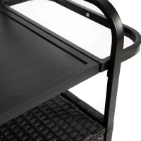 Multifunctional Outdoor Bar Table with Lockable Wheels, Ice Bucket, Side Basket, Wicker Bar Cart with Cabinet, 51.5" L x 19.5" W x 36" H, Black(m-6)