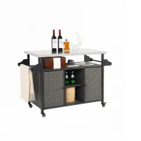 Outdoor Wicker Rolling Cart with Storage Cabinet, Stainless Steel Extended Tabletop, Wheels and Side Handle, 51" L x 21.5" W x 34" H, Gray(m-7)