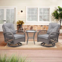 3-Piece Outdoor Swivel Rocker Patio Chairs Set with Tempered Glass Coffee Table, 360° Rocking Conversation Set with Thick Cushions, 29" L x 25" W x 34" H, Grey(m-1)
