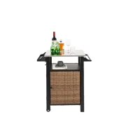 Outdoor Wicker Island Rolling Cart with Storage Cabinet, Expandable Shelf and Tabletop, Wine Glass Rack, 30" L x 22.5" W x 33.5" H, Brown(m-7)