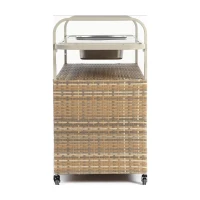 Outdoor Bar Table with Steel Top, Lockable Wheels, Side Basket, Wicker Bar Cart with Cabinet, Rounded Handle, 51.5" L x 19.5" W x 36" H, Beige(m-8)