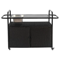 Multifunctional Outdoor Bar Table with Lockable Wheels, Ice Bucket, Side Basket, Wicker Bar Cart with Cabinet, 51.5" L x 19.5" W x 36" H, Black(m-2)