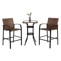 3-Piece Outdoor Bar Stools Set with Rattan Bar Chairs, Glass Table, Steel Frame, Perfect for Backyard, Garden, Pool, Balcony, Deck, Brown(m-2)