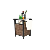 Outdoor Wicker Island Rolling Cart with Storage Cabinet, Expandable Shelf and Tabletop, Wine Glass Rack, 30" L x 22.5" W x 33.5" H, Brown(m-11)