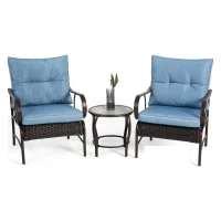 3-Piece Patio Set with Rust-Proof Steel Frame, Weather-Resistant Outdoor Wicker Furniture Set with Rattan Chairs and Coffee Table, Brown+Blue(m-2)
