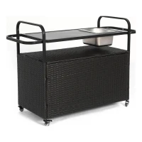 Multifunctional Outdoor Bar Table with Lockable Wheels, Ice Bucket, Side Basket, Wicker Bar Cart with Cabinet, 51.5" L x 19.5" W x 36" H, Black(m-13)