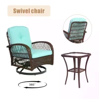 3-Piece Outdoor Swivel Rocker Patio Chairs Set with Thick Cushions, Glass Coffee Table, 360° Rocking Garden Furniture Set with Steel Frame, Blue(m-4)