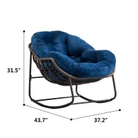 Outdoor Rattan Rocking Chair with Padded Cushion, Oversized Recliner for Porch, Patio, Garden, Steel Frame, 44" L x 37" W x 31.5" H, Navy Blue(m-3)