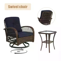 3-Piece Outdoor Swivel Rocker Patio Chairs Set with Cushions, Tempered Glass Table, 360° Rocking Conversation Set with Steel Frame, Navy Blue(m-4)