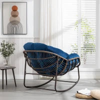 Outdoor Rattan Rocking Chair with Padded Cushion, Oversized Recliner for Porch, Patio, Garden, Steel Frame, 44" L x 37" W x 31.5" H, Navy Blue(m-5)