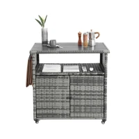 Outdoor Wicker Bar Cart with Wheels, Patio Wine Serving Cart, Rolling Rattan Beverage Bar Counter Table with Glass Top, 51" L x 20" W x 35" H, Aqua Gray(m-11)