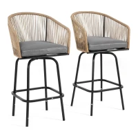 Set of 2 Outdoor Bar Stools with Armrests and Backrest, Steel Frame, All Weather Rattan Bar Chairs with Footrest, 23" L x 17.5" W x 44" H, Gray(m-2)