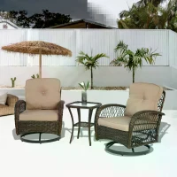 3-Piece Outdoor Swivel Rocker Patio Chairs Set with Thick Cushions, Glass Coffee Table, 360° Rocking Conversation Set with Steel Frame, Khaki(m-6)