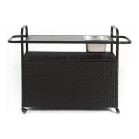Multifunctional Outdoor Bar Table with Lockable Wheels, Ice Bucket, Side Basket, Wicker Bar Cart with Cabinet, 51.5" L x 19.5" W x 36" H, Black(m-14)