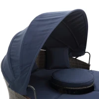 Round Outdoor Daybed with Retractable Canopy, Wicker Sofa Bed with Lift Coffee Table and Washable Cushions, 64" L x 64" W x 55" H, Navy Blue+Black(m-4)