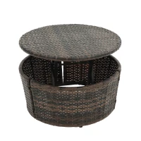 Round Outdoor Daybed with Retractable Canopy, Wicker Sofa Bed with Lift Coffee Table and Washable Cushions, 64" L x 64" W x 55" H, Navy Blue+Black(m-11)